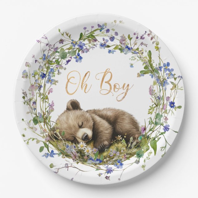 Woodland Baby Bear Baby Shower Paper Plate (Front)