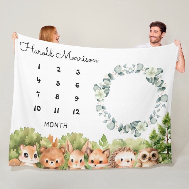 Woodland Baby Boy Monthly Milestone Fleece Blanket (In Situ)