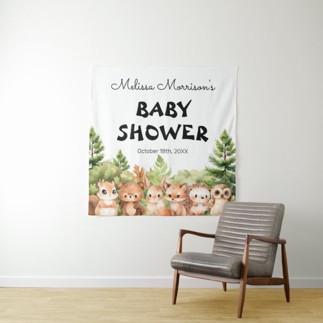 Woodland Baby Boy Shower Party Photoshoot Tapestry (In Situ)