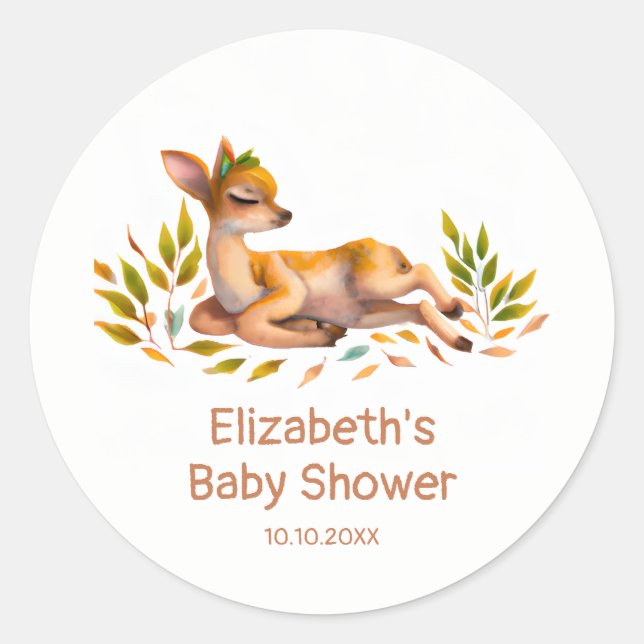 Woodland Baby Deer and Foliage Baby Shower Classic Round Sticker (Front)