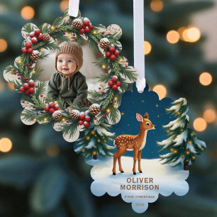 Woodland Baby Deer First Christmas Personalized Tree Decoration Card