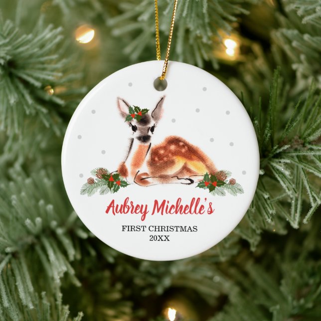 Woodland Baby Deer Personalised First Christmas Ceramic Ornament (Tree)