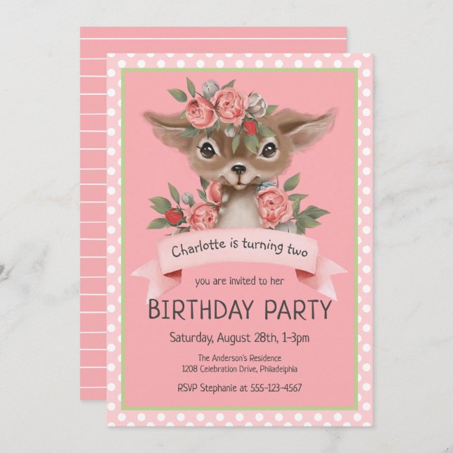 Woodland Baby Deer Pink Girl's Birthday Party Invitation (Front/Back)