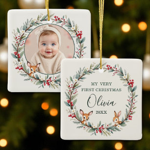 Woodland Baby First Christmas Customised Photo Ceramic Ornament