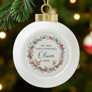 Woodland Baby First Christmas Personalised Ceramic Ball Christmas Ornament