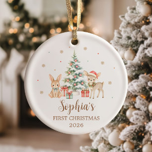 Woodland Baby First Christmas Personalised Photo Ceramic Ornament