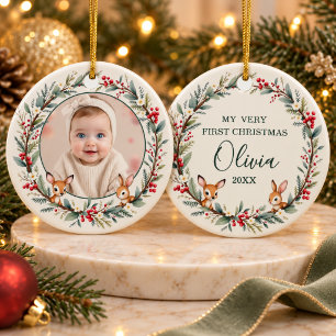 Woodland Baby First Christmas Personalised Photo Ceramic Ornament