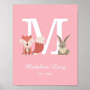 Woodland Baby Initial Monogram Pink Nursery Poster