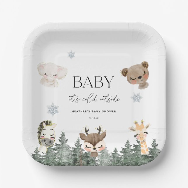 Woodland Baby It's Cold Outside Baby Shower Paper Plate (Front)