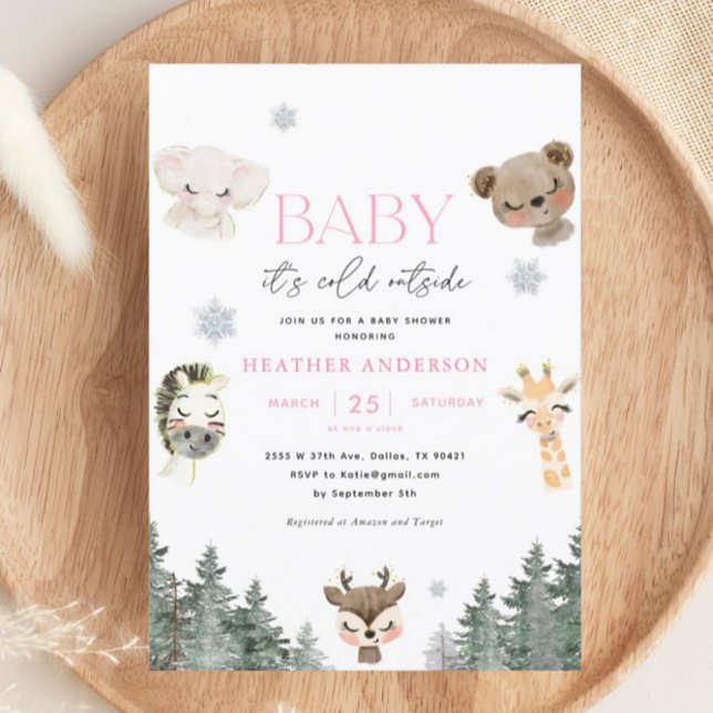 Woodland Baby It's Cold Outside Girl Baby Shower Invitation (Creator Uploaded)