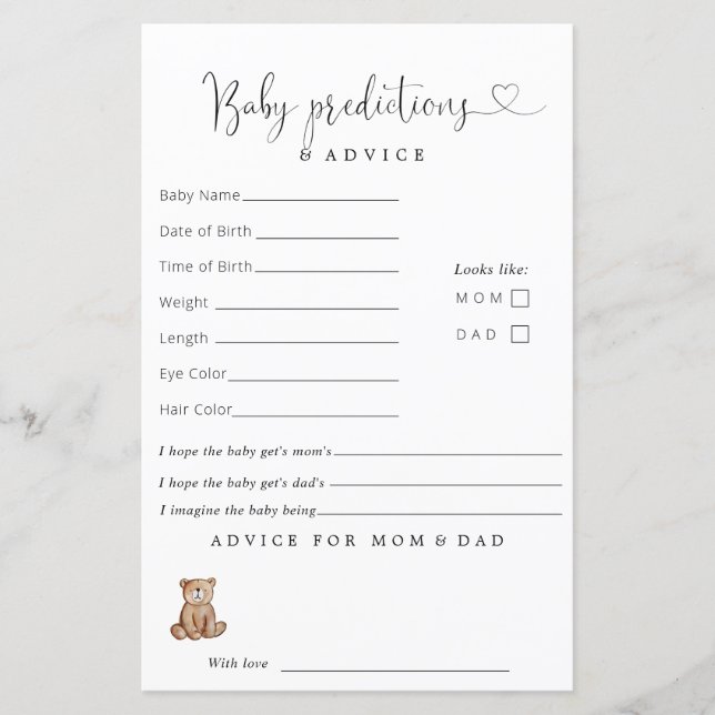 Woodland Baby Shower Baby Predictions Advice (Front)