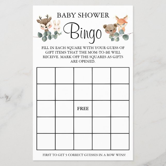 Woodland Baby Shower Bingo game card (Front)