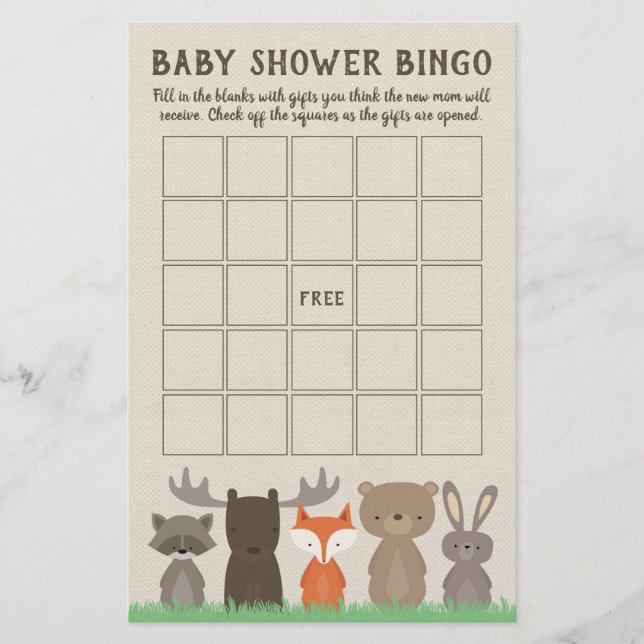 Woodland Baby Shower Bingo Game Cards (Front)