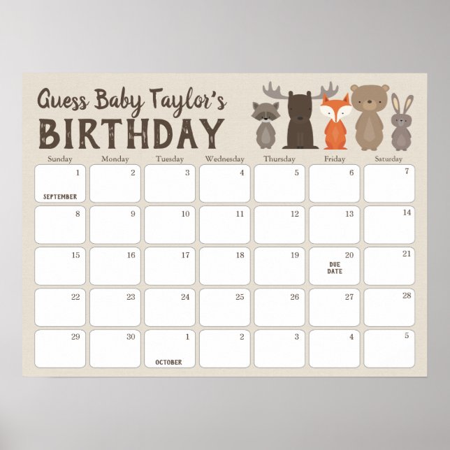 Woodland Baby Shower Birthday Prediction Calendar Poster (Front)
