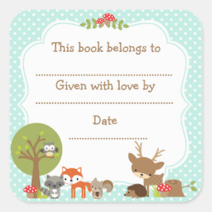 Woodland Baby Shower Bookplate sticker blue