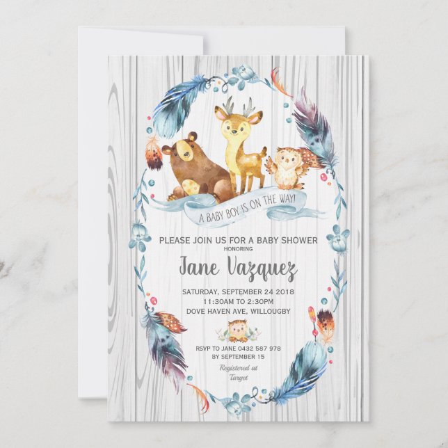 Woodland Baby Shower Boy Boho Forest Animals Invitation (Front)