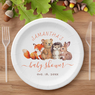 Woodland Baby Shower Cute Forest Animal Red Script Paper Plate