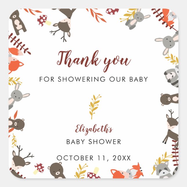 Woodland Baby Shower Cute Forest Thank you Fall   Square Sticker (Front)