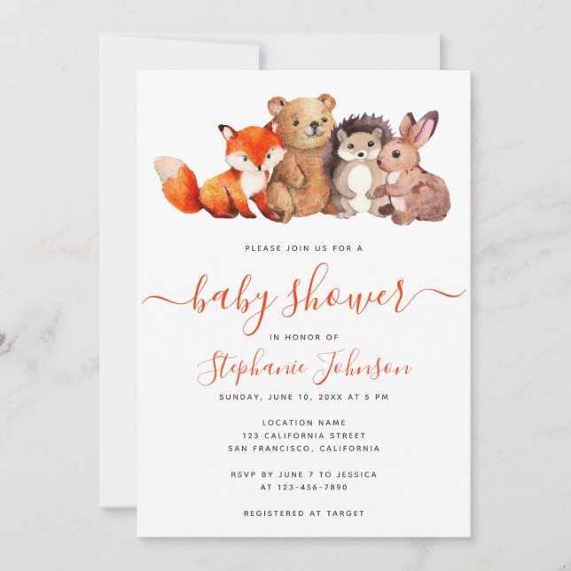 Woodland Baby Shower Cute Watercolor Animals Invitation (Front)