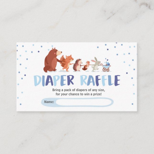 Woodland Baby Shower Diaper Raffle Card Boy Blue (Front)