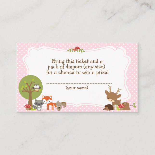 Woodland Baby Shower Diaper Raffle ticket pink Enclosure Card (Front)