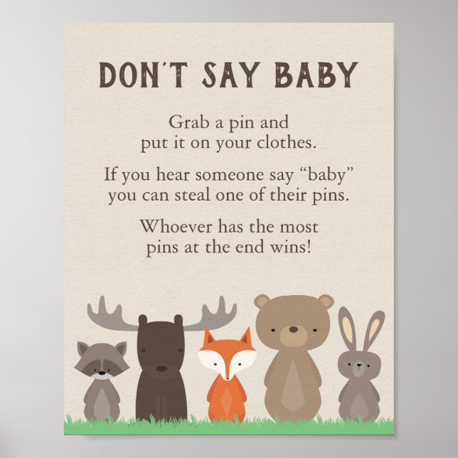 Woodland Baby Shower Don't Say Baby Game Sign (Front)
