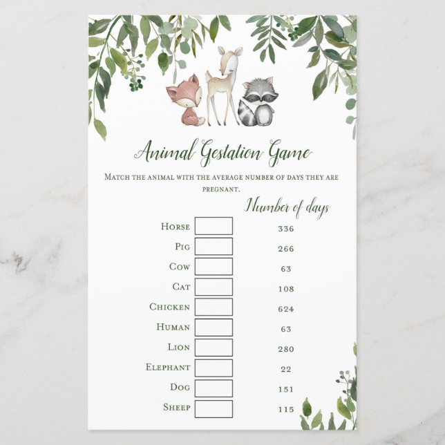 Woodland Baby Shower Game - Animal Gestation Game (Front)