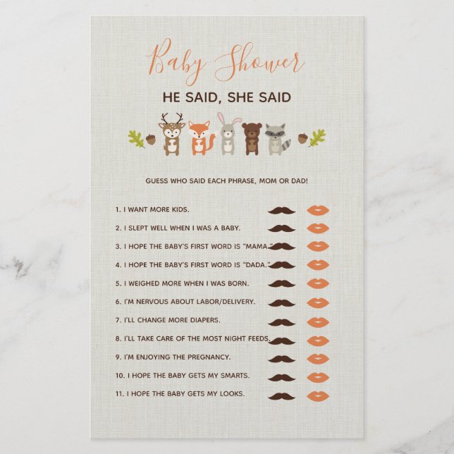 Woodland Baby Shower Game - He Said She Said (Front)