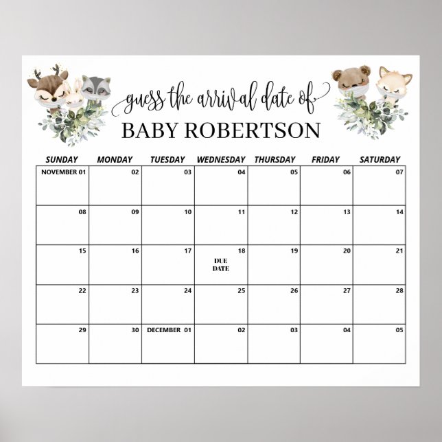 Woodland Baby Shower Guess Due Date Calendar Poster (Front)