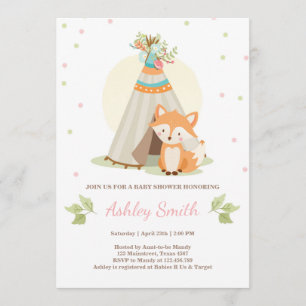 Woodland baby shower invitate Fox Teepee Girl Pink Invitation