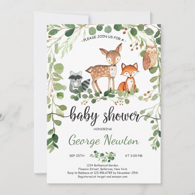 Woodland baby Shower Invitation Animals Greenery (Front)