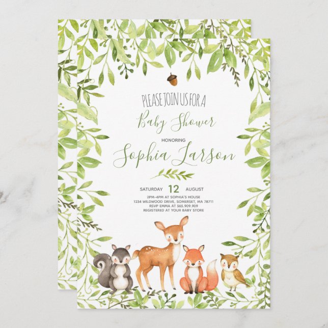 Woodland Baby Shower Invitation Forest Animals (Front/Back)