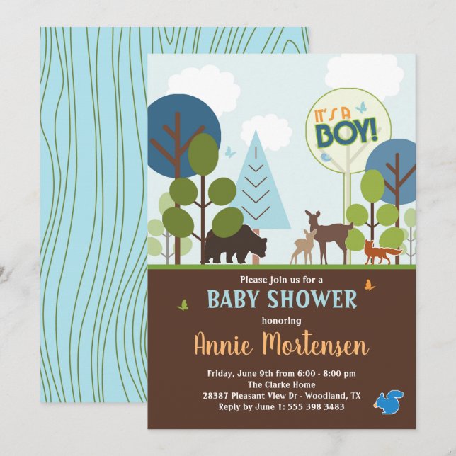 Woodland Baby Shower Invitation, Forest Animals Invitation (Front/Back)