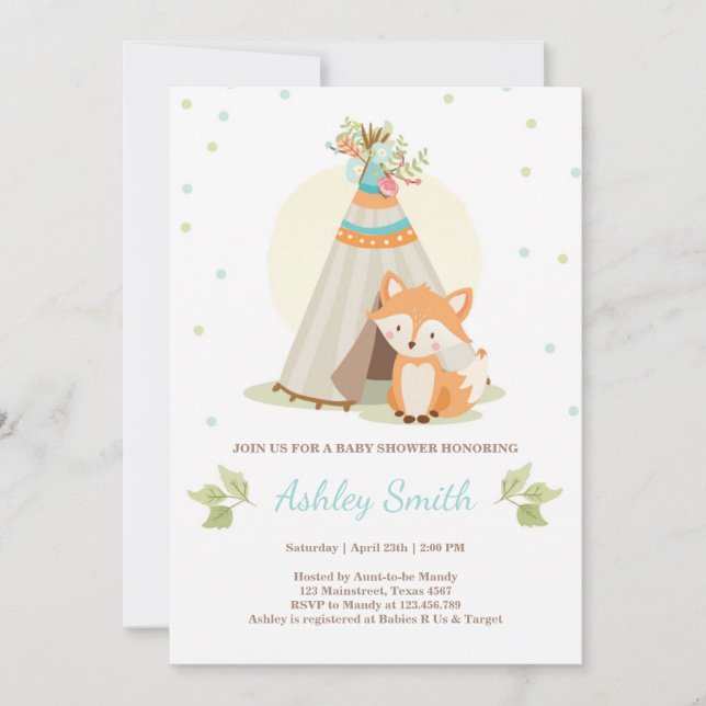 Woodland baby shower invitation Fox Teepee pow wow (Front)