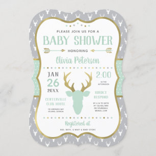 Woodland Baby Shower Invitation, Mint, Grey, Gold Invitation