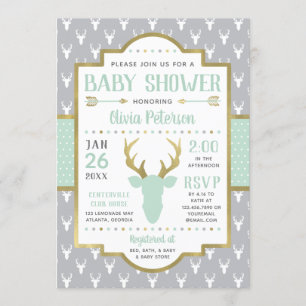 Woodland Baby Shower Invitation, Mint, Grey Invitation
