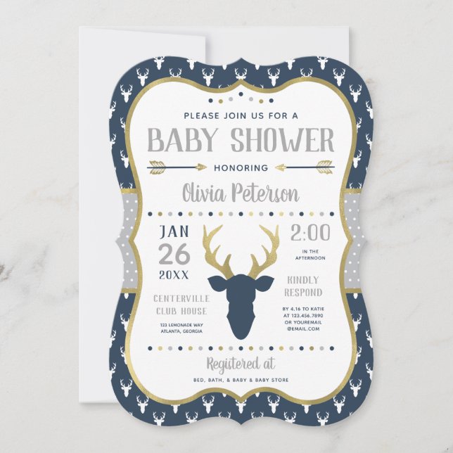 Woodland Baby Shower Invitation, Navy, Grey, Gold Invitation (Front)