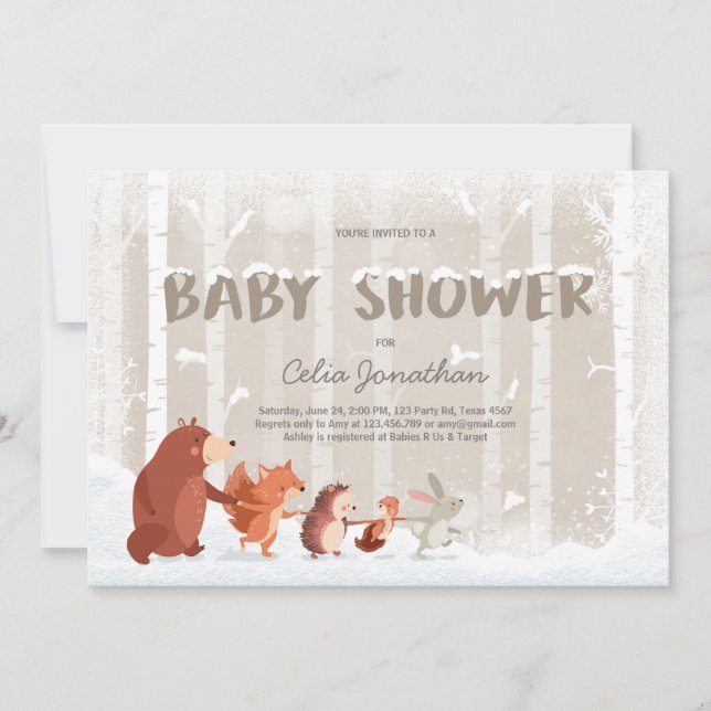 Woodland Baby Shower invitation Winter Snowflakes (Front)