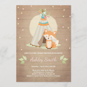 Woodland baby shower invite Fox Teepee Pink Girl