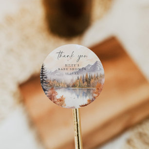Woodland Baby Shower Round Sticker Mountains Boy