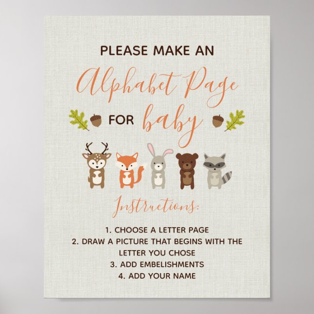 Woodland Baby Shower Sign - Alphabet Page (Front)