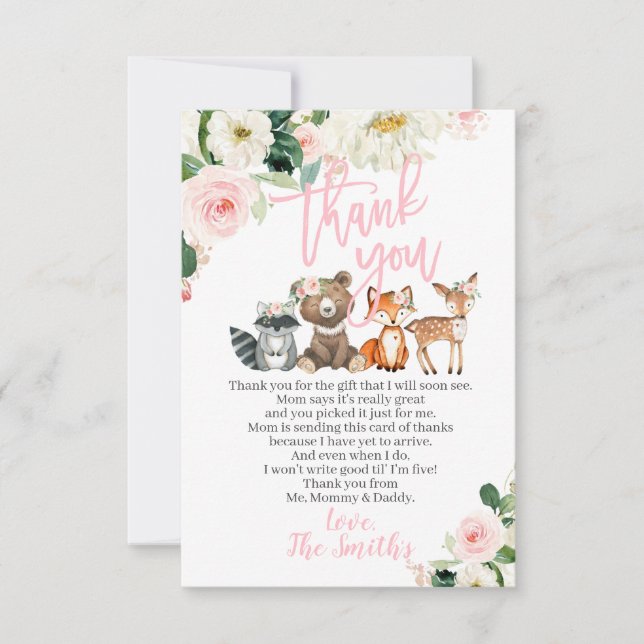 Woodland Baby Shower Thank You Cards for a Girl (Front)