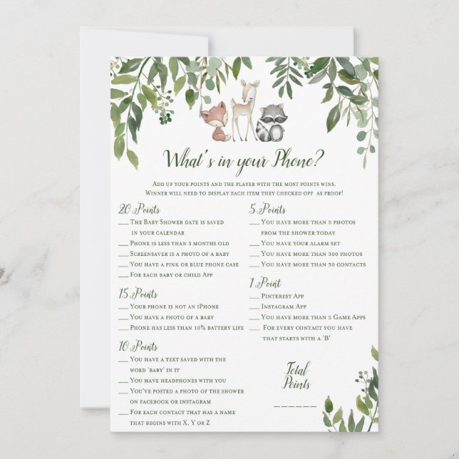 Woodland Baby Shower - What's In Your Phone Game Invitation (Front)