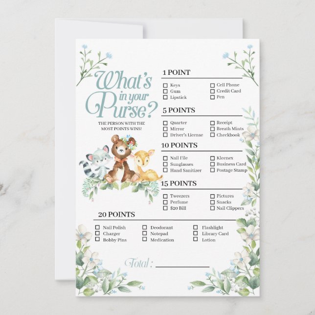 Woodland Baby Shower What's In Your Purse Game Invitation (Front)
