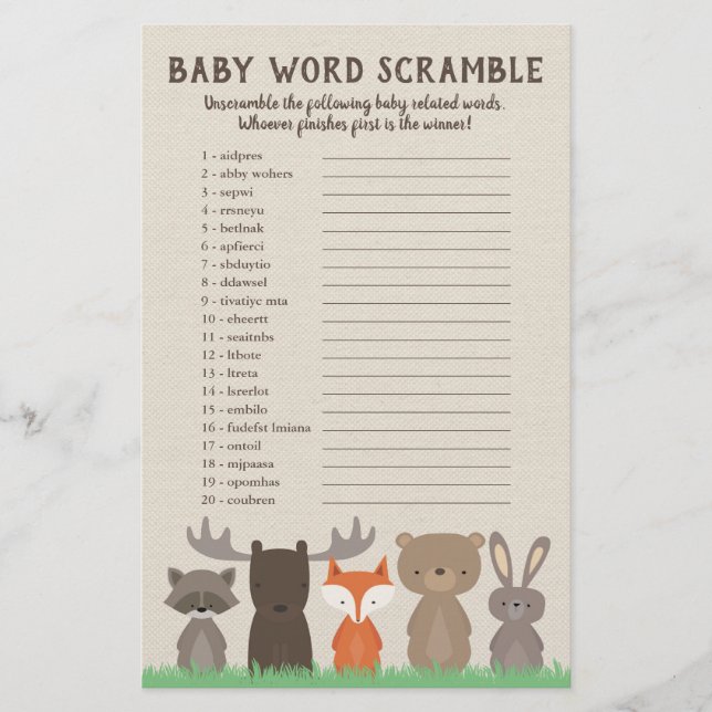 Woodland Baby Shower Word Scramble Game Cards (Front)