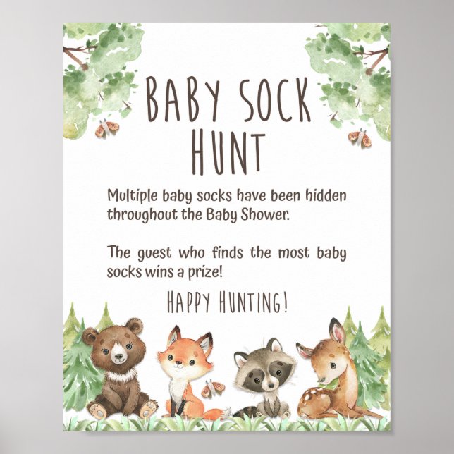 Woodland Baby Sock Hunt Shower Game Sign (Front)