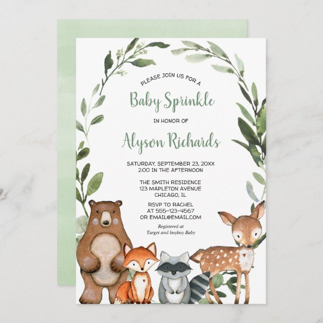 Woodland baby sprinkle forest friends cute animals invitation (Front/Back)
