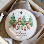 Woodland Baby's 1ST Christmas 2 Sided Photo Ceramic Ornament<br><div class="desc">Simply perfect Baby's First Christmas ornament featuring a sweet watercolor baby forest scene with cute little woodland animals dressed in red and green hats and scarfs.  Flip over to the back to add your photo, </div>