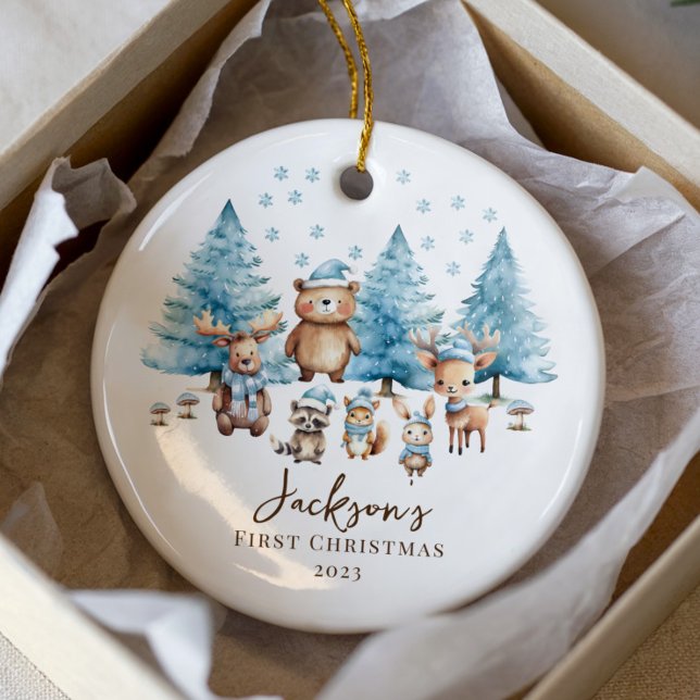  Woodland Baby's 1ST Christmas 2 Sided Photo Ceramic Ornament (Creator Uploaded)