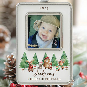 Woodland Baby's 1ST Christmas 2 Sided Photo Silver Plated Framed Ornament